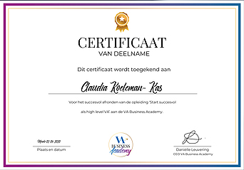 certificaat - bewijs van deelname va business academy - VA in Business
